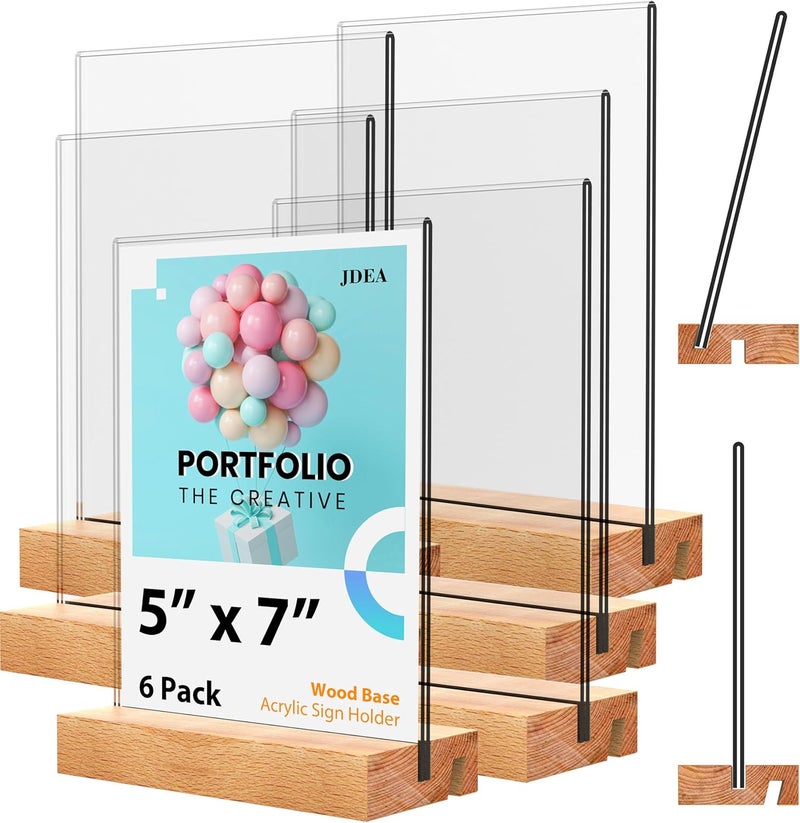 JDEA 5x7 Inch Acrylic Sign Holder with Wood Base Vertical and Slant Displays(6 Pack 5*7") - Image 1